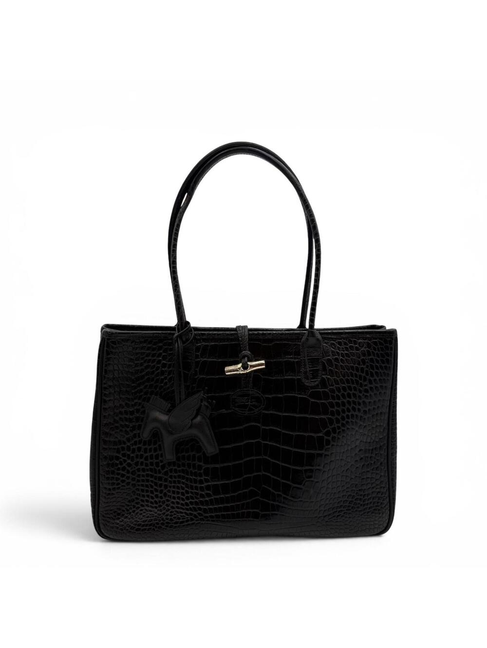Longchamp Black Crocodile Embossed Roseau Tote